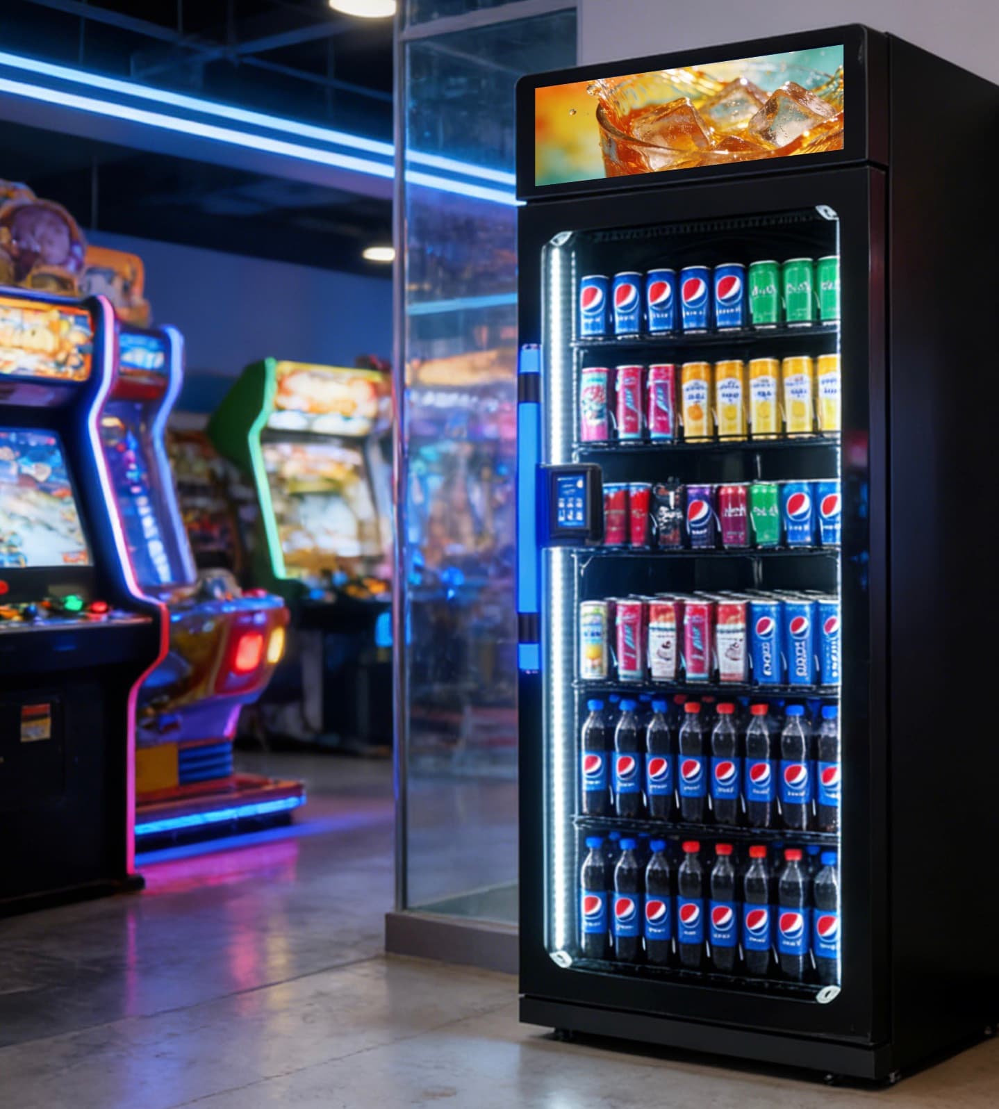 An illuminated smart cooler in a dark entertainment setting